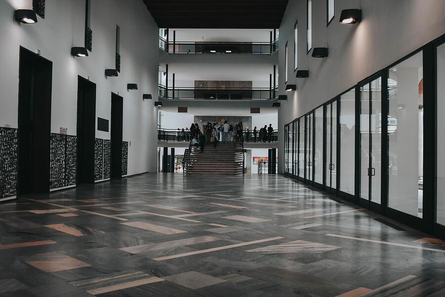 An interior walkway inside a commercial building