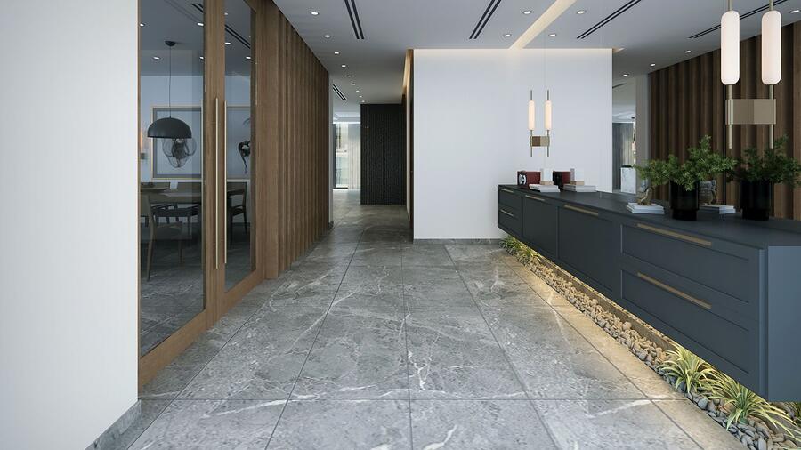 A corridor leading to an office reception area